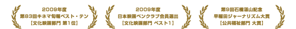 2009年度 第83回キネマ旬報ベスト・テン【文化映画部門 第1位】／2009年度 日本映画ペンクラブ会員選出【文化映画部門 ベスト1】／第9回石橋湛山記念早稲田ジャーナリズム大賞【公共福祉部門 大賞】