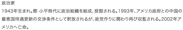政治家 1943年生まれ。鄧 小平時代に政治組織を結成、投獄される。1993年、アメリカ政府との中国の最恵国待遇更新の交渉条件として釈放されるが、政党作りに関わり再び収監される。2002年アメリカへ亡命。